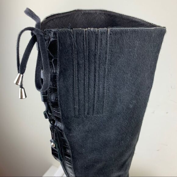 Migliorini Black Calf-Hair Tall Wedge Boots Back-Lace Detail‎ - Picture 5 of 16